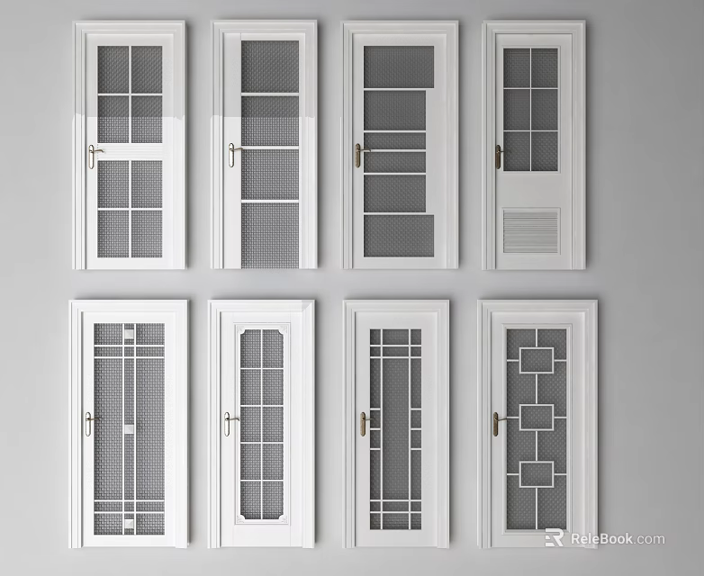 White Swing Doors With Various Glass Panel Designs And Decorative Patterns 3d model