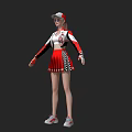 Woman In Red And White Sporty Outfit With Cap Pleated Skirt And Sneakers