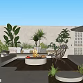 Courtyard Garden With Wooden Deck Sofa Fire Pit Large Green Plants And Outdoor Lighting