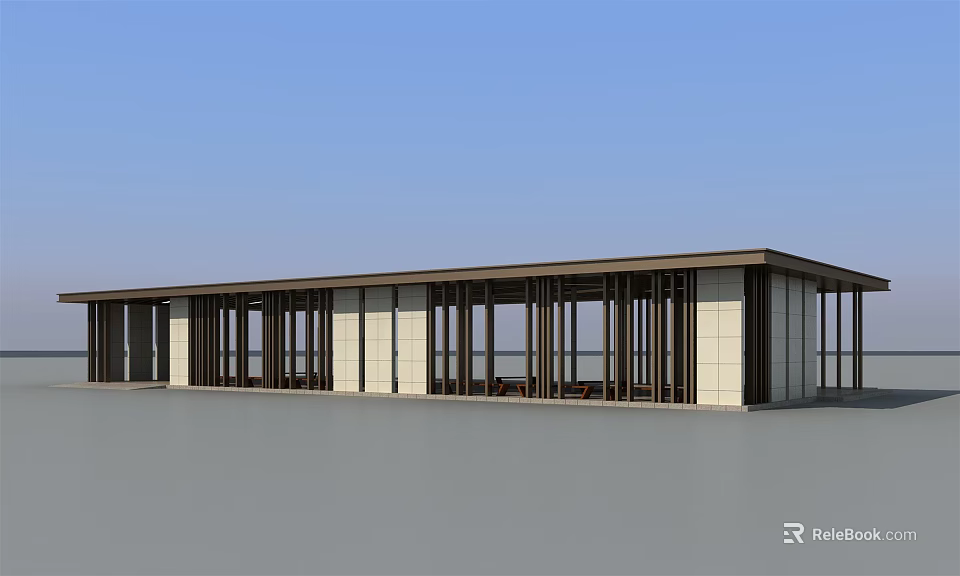 Modern Garden Landscape With Long Glass Structure Flat Roof And Light Walls 3d model 
