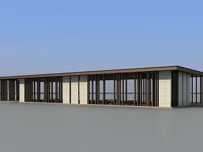 Modern Garden Landscape With Long Glass Structure Flat Roof And Light Walls 3d model