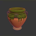 Carved Vase Sculpture with Green Top and Orange Body Decorative Patterns and Double Handles Design
