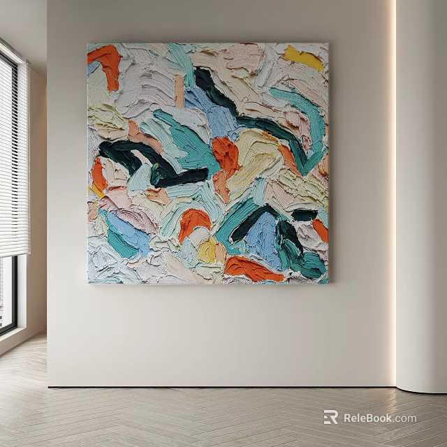 Vibrant Abstract Painting With Thick Brushstrokes In Orange Blue Green Hues On White Wall 3d model 