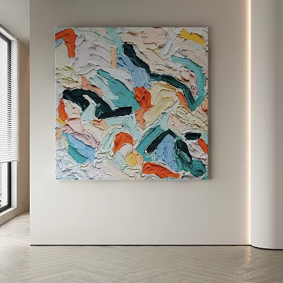 Vibrant Abstract Painting With Thick Brushstrokes In Orange Blue Green Hues On White Wall 3d model