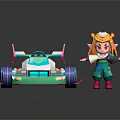 Cartoon Character With Blonde Hair By Turquoise Go Kart With Pink Spoiler And Purple Wheels