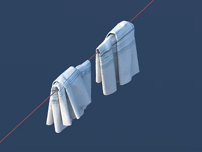 White Striped Household Towels Hanging On Clothesline Against Blue Background 3d model