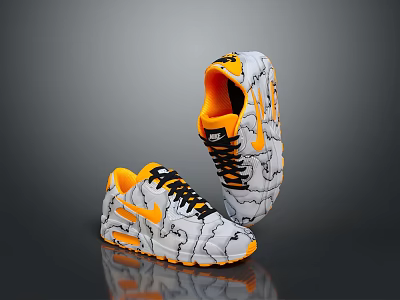 Stylish White And Orange Sneakers With Cracked Pattern Black Laces And Orange Accents 3d model