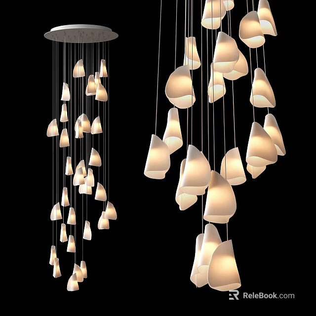 Elegant Modern Multiple Chandeliers With Curved White Shades Hanging In Dark Background Emitting Warm Light 3d model 