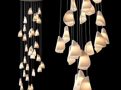 Elegant Modern Multiple Chandeliers With Curved White Shades Hanging In Dark Background Emitting Warm Light 3d model