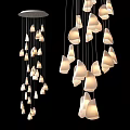 Elegant Modern Multiple Chandeliers With Curved White Shades Hanging In Dark Background Emitting Warm Light