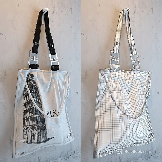 Stylish Tote Bags With Pisa Tower Print Grid Pattern Light Gray And White Design 3d model 