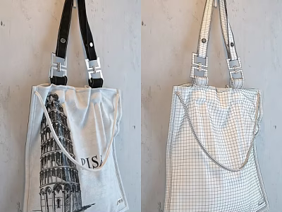 Stylish Tote Bags With Pisa Tower Print Grid Pattern Light Gray And White Design 3d model