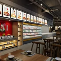 Restaurant Interior With Wooden Tables Chairs Pendant Lights And Wall Posters