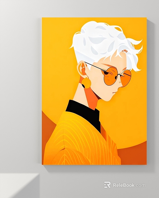 Stylish Portrait Illustration With White Hair Round Orange Glasses Yellow Earrings And Orange Yellow Background 3d model 