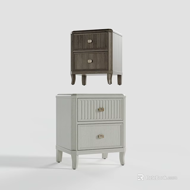 Two Modern Bedside Tables Dark Wood And Light Gray With Striped Drawers And Slender Legs 3d model 