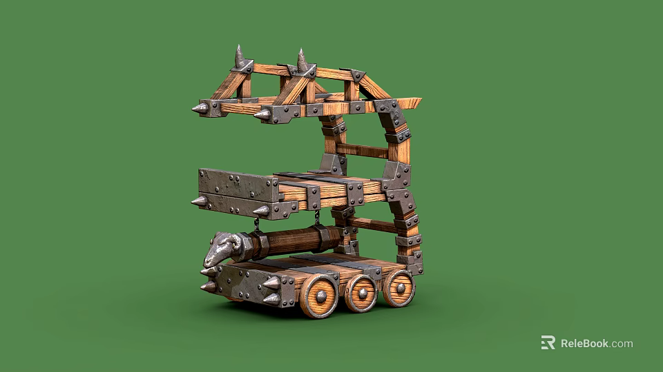 Ancient Wooden Siege Weapon with Metal Spiked Frame and Wheeled Battering Ram Structure 3d model 