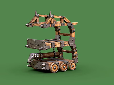 Ancient Wooden Siege Weapon with Metal Spiked Frame and Wheeled Battering Ram Structure 3d model
