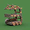 Ancient Wooden Siege Weapon with Metal Spiked Frame and Wheeled Battering Ram Structure