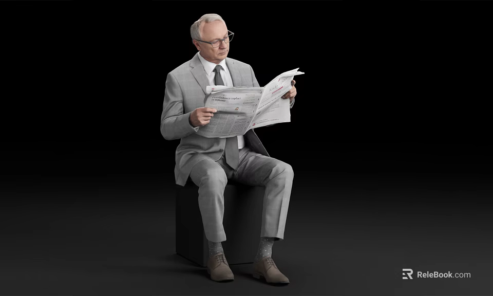 Senior Man In Suit And Glasses Reading Newspaper Sitting On Cube Against Black Background 3d model 