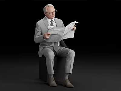 Senior Man In Suit And Glasses Reading Newspaper Sitting On Cube Against Black Background 3d model