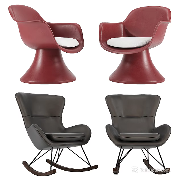 Modern Red and Black Leather Single Sofa with Round Base and Metal Legs 3d model 