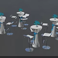 White High Top Event Tables With Blue Ribbon Flower Arrangements And Bar Stools