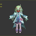 3D Anime Horned Character With Purple Hair Blue And White Traditional Outfit Holding Red Ornament