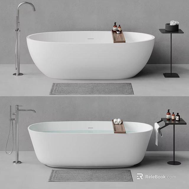 Modern Freestanding Bathtub In Minimalist Bathroom With Fixtures And Accessories 3d model 
