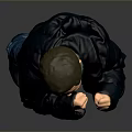 Man In Dark Blue Puffer Jacket And Blue Jeans With Fists Clenched On Gray Background