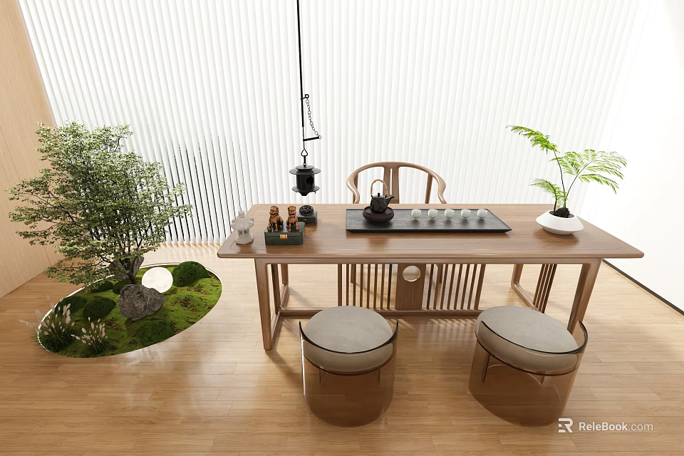 Chinese Wooden Tea Table With Round Cushioned Stools And Green Moss Plants 3d model 
