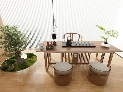 Chinese Wooden Tea Table With Round Cushioned Stools And Green Moss Plants 3d model