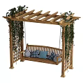 Outdoor Wooden Swing Bench Under Pergola With Climbing Vines And Plaid Blue Cushions