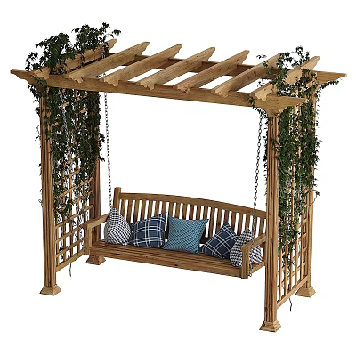 Outdoor Wooden Swing Bench Under Pergola With Climbing Vines And Plaid Blue Cushions 3d model