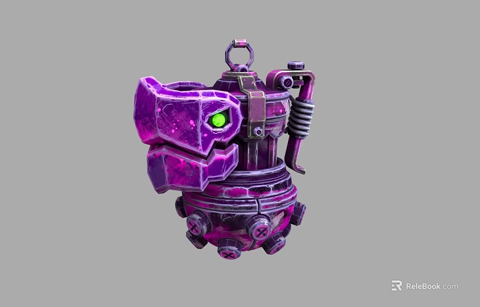 Futuristic Purple Mechanical Weapon Featuring Green Eye And Metal Spring Design Parts 3d model 