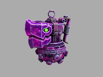 Futuristic Purple Mechanical Weapon Featuring Green Eye And Metal Spring Design Parts 3d model