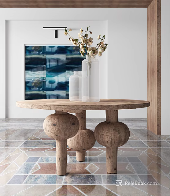 Wooden Console Table with Round Top Ball Shaped Legs and Flower Vase on Tiled Floor 3d model 