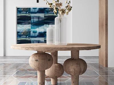 Wooden Console Table with Round Top Ball Shaped Legs and Flower Vase on Tiled Floor 3d model