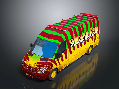 Jurassic Park Themed Van With Red Green Yellow Striped Exterior Design 3d model