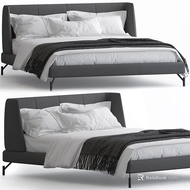 Modern Double Bed with White Sheets Black Throw Blanket and Soft Plush Pillows 3d model