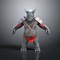 3D Rhino Character Model With Armored Shoulder Pads And Red Belt