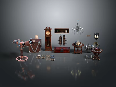 Vintage Decorative Items Collection With Telescope Clock Globe Chandelier Cabinet And Lantern 3d model