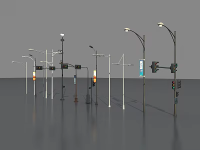 Different Types of Road Facilities Including Street Lamps Traffic Lights and Signage 3d model