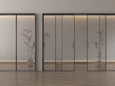 Modern Black Frame Glass Sliding Doors In Interior With Potted Plants 3d model