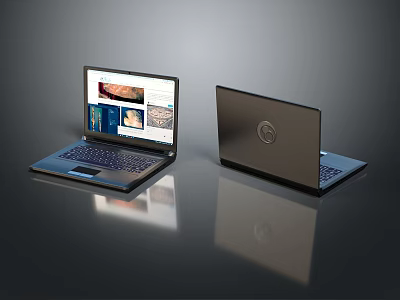 Modern Open Laptop Displaying Images And Closed Laptop With Brand Logo 3d model