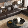Modern Living Room Interior With Leather Sectional Sofa Round Coffee Table Accent Chair And Floor Lamp