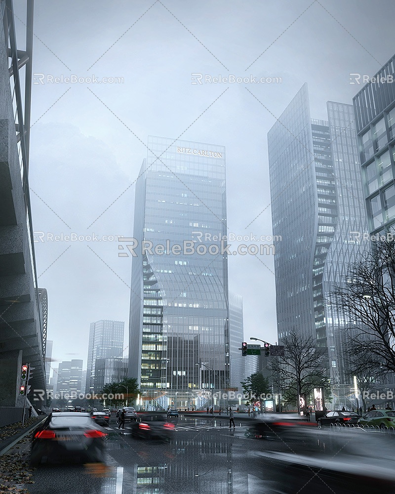 Modern office building perspective cloudy commercial high-rise office 3d model