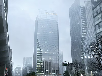 Modern Glass Facade Office Building In Urban City With Tall Towers And Illuminated Windows 3d model