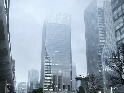 Modern office building perspective cloudy commercial high-rise office 3d model