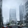 Modern Glass Facade Office Building In Urban City With Tall Towers And Illuminated Windows