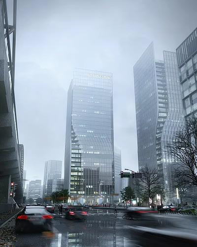 Modern Glass Facade Office Building In Urban City With Tall Towers And Illuminated Windows 3d model